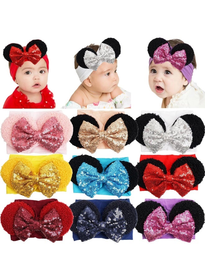 CellElection 9 Pack Baby Girls Sequin Headbands 6 Inch Large Big Sparkly Glitter Sequin Hair Bows Soft Nylon Hairbands for Newborn Infant Toddlers Babies - Image 1